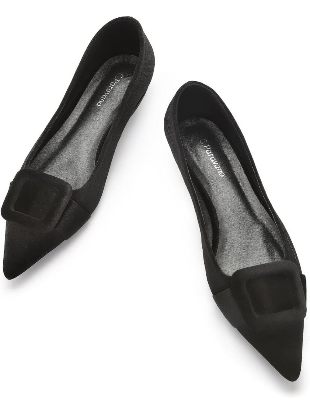 Women's Velvet Black Pointed Toe Square Buckle Flats Slip-On Comfortable Shoes